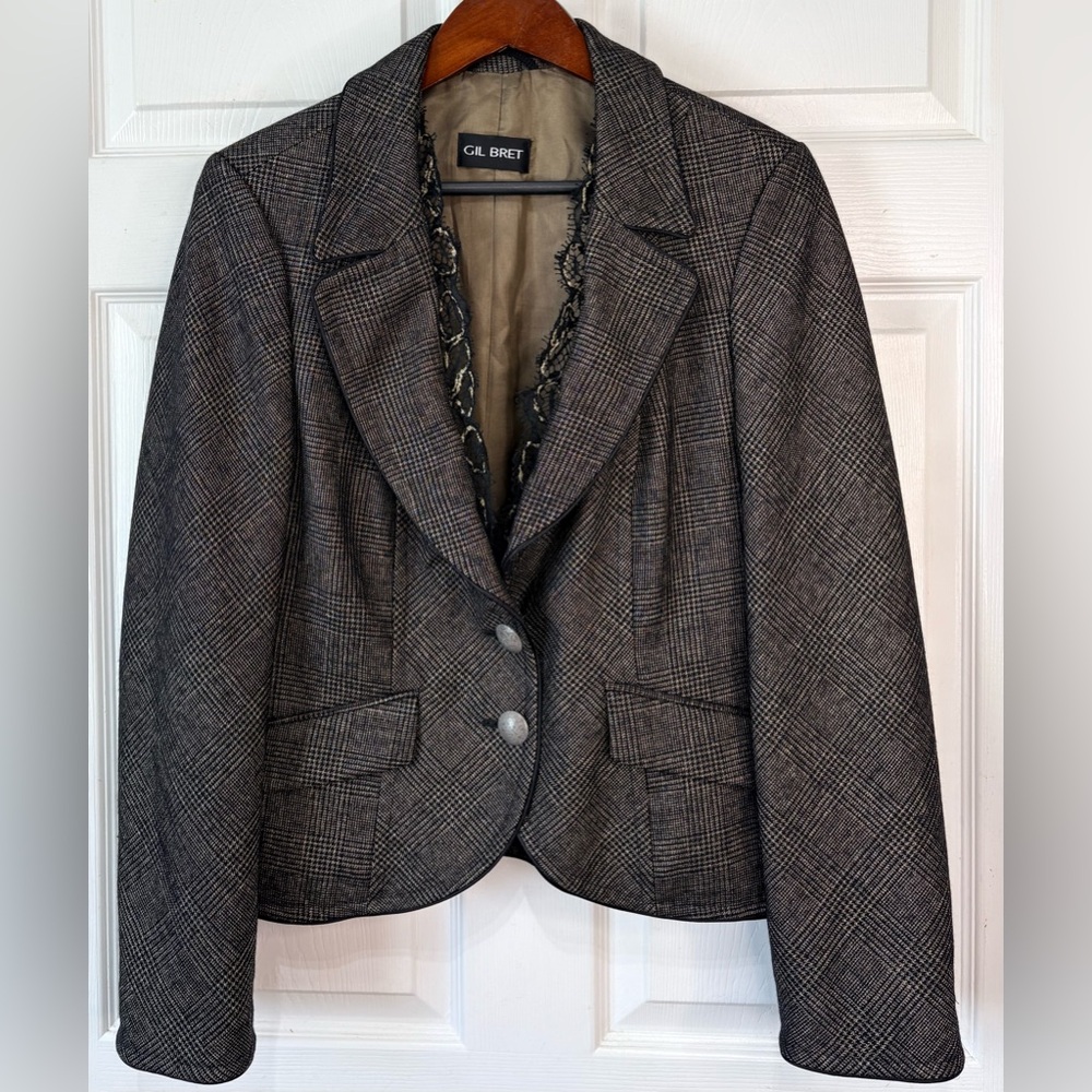Gil Bret UK Wool Blend Plaid Blazer Eyelash Lace Trim Womens Size 44 US 14